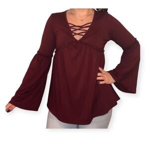 Maroon Boho Bell Sleeve Lace Up Blouse Romantic Cottagecore Sz Small Whimsical